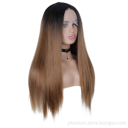 Black roots Brown T#4/30 Lace Front Wig Heat Resist Fiber Silk Straight Hair Wig synthetic  lace front wigs with baby hair
